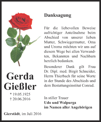 Traueranzeige von Gerda Gießler von Thüringer Allgemeine, Thüringische Landeszeitung