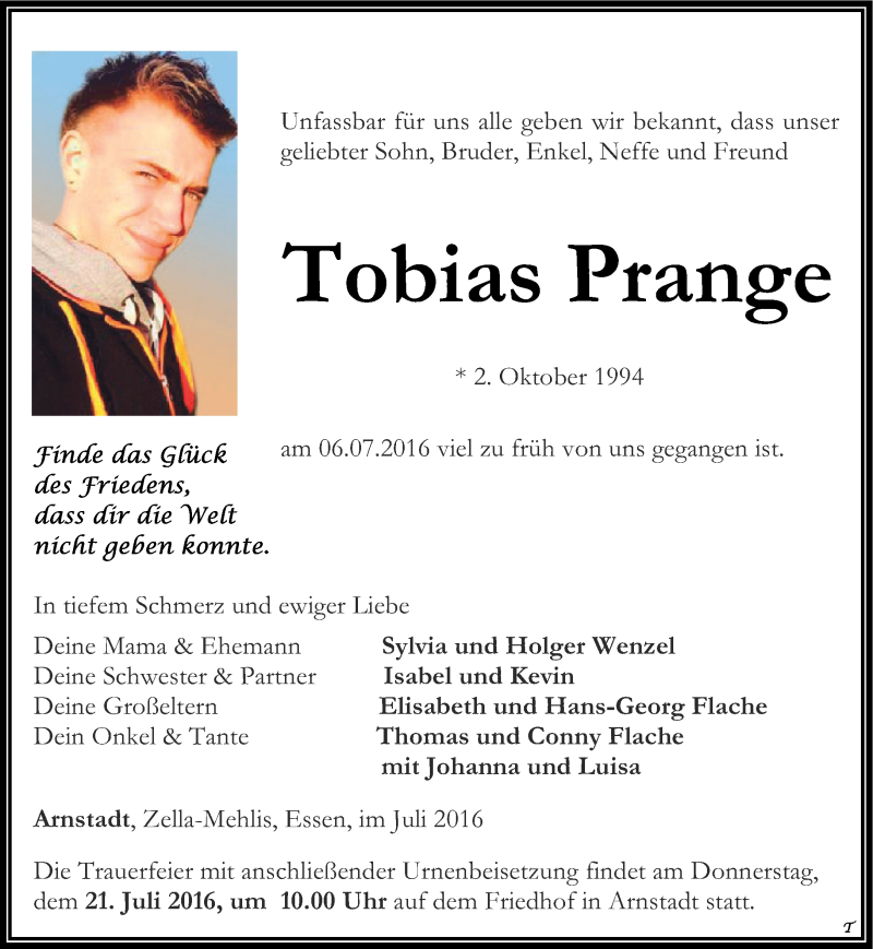  Traueranzeige für Tobias Prange vom 16.07.2016 aus Thüringer Allgemeine