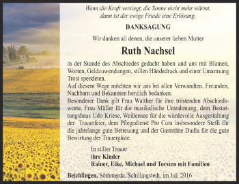 Traueranzeige von Ruth Nachsel von Thüringer Allgemeine