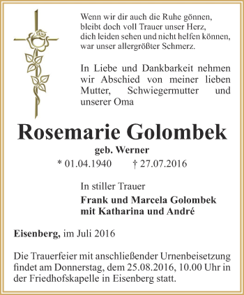Traueranzeige von Rosemarie Golombek von Ostthüringer Zeitung