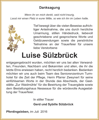 Traueranzeige von Luise Sülzbrück von Ostthüringer Zeitung, Thüringische Landeszeitung