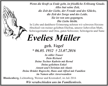 Traueranzeige von Evelies Müller von Ostthüringer Zeitung