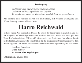 Traueranzeige von Harro Reichwald von Thüringer Allgemeine