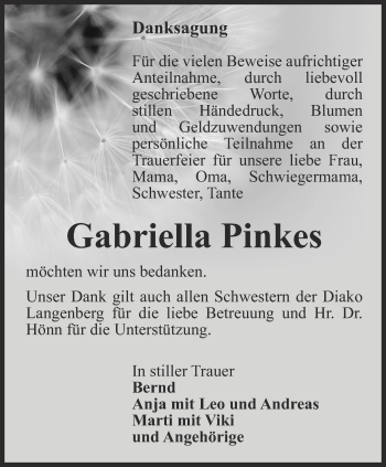 Traueranzeige von Gabriella Pinkes von Ostthüringer Zeitung