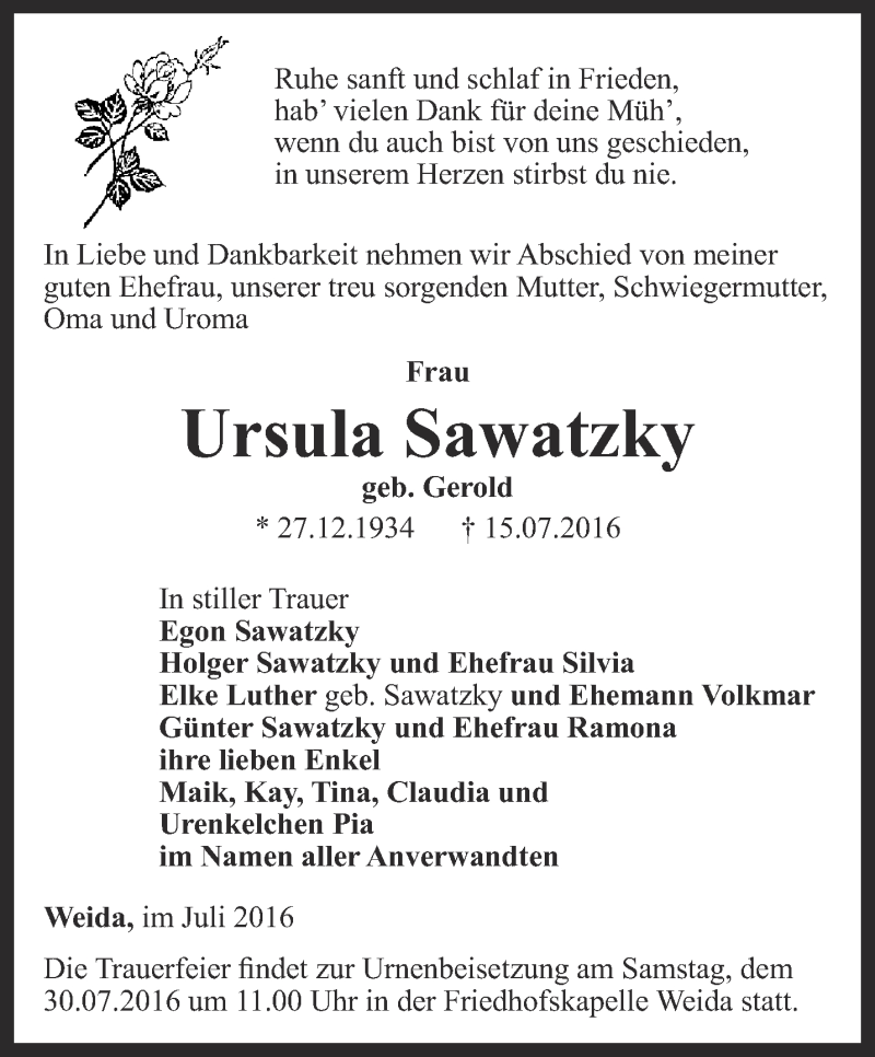  Traueranzeige für Ursula Sawatzky vom 23.07.2016 aus Ostthüringer Zeitung