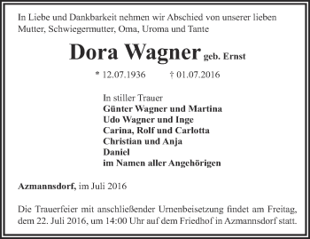 Traueranzeige von Dora Wagner von Thüringer Allgemeine, Thüringische Landeszeitung