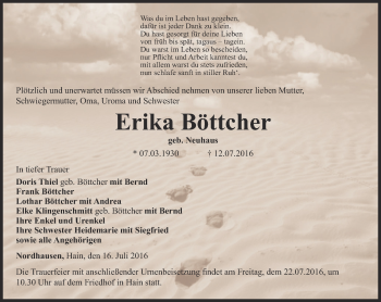 Traueranzeige von Erika Böttcher von Thüringer Allgemeine