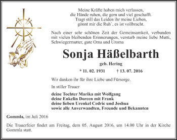 Traueranzeige von Sonja Häßelbarth von Ostthüringer Zeitung