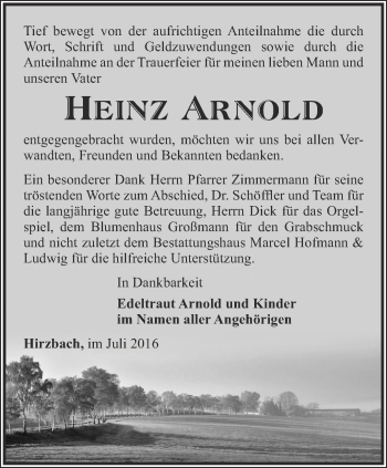 Traueranzeige von Heinz Arnold von Ostthüringer Zeitung