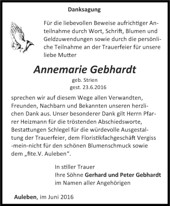 Traueranzeige von Annemarie Gebhardt von Thüringer Allgemeine