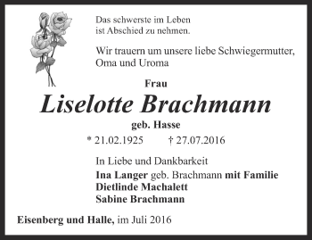 Traueranzeige von Liselotte Brachmann von Ostthüringer Zeitung