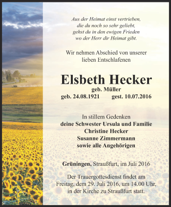 Traueranzeige von Elsbeth Hecker von Thüringer Allgemeine