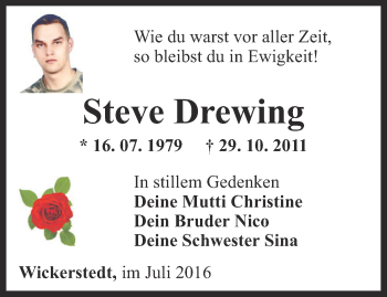 Traueranzeige von Steve Drewing von Thüringer Allgemeine, Thüringische Landeszeitung