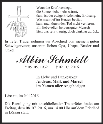 Traueranzeige von Albin Schmidt von Ostthüringer Zeitung