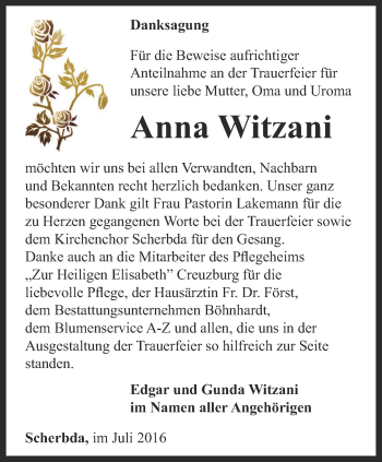 Traueranzeige von Anna Witzani von Thüringer Allgemeine, Thüringische Landeszeitung