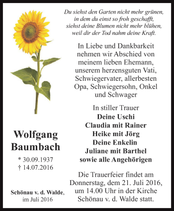 Traueranzeige von Wolfgang Baumbach von Ostthüringer Zeitung, Thüringische Landeszeitung