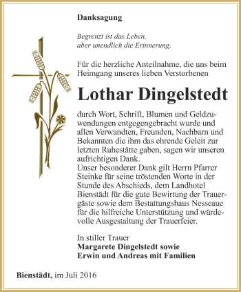 Traueranzeige von Lothar Dingelstedt von Thüringer Allgemeine, Thüringische Landeszeitung