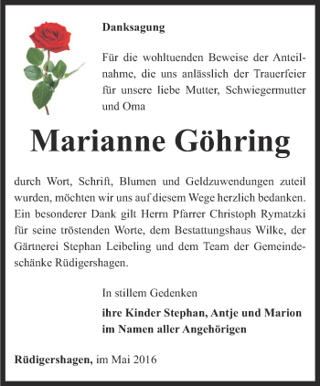 Traueranzeige von Marianne Göhring von Thüringer Allgemeine