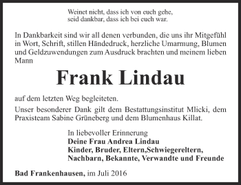 Traueranzeige von Frank Lindau von Thüringer Allgemeine