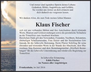 Traueranzeige von Klaus Fischer von Thüringer Allgemeine