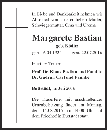 Traueranzeige von Margarete Bastian von Thüringer Allgemeine