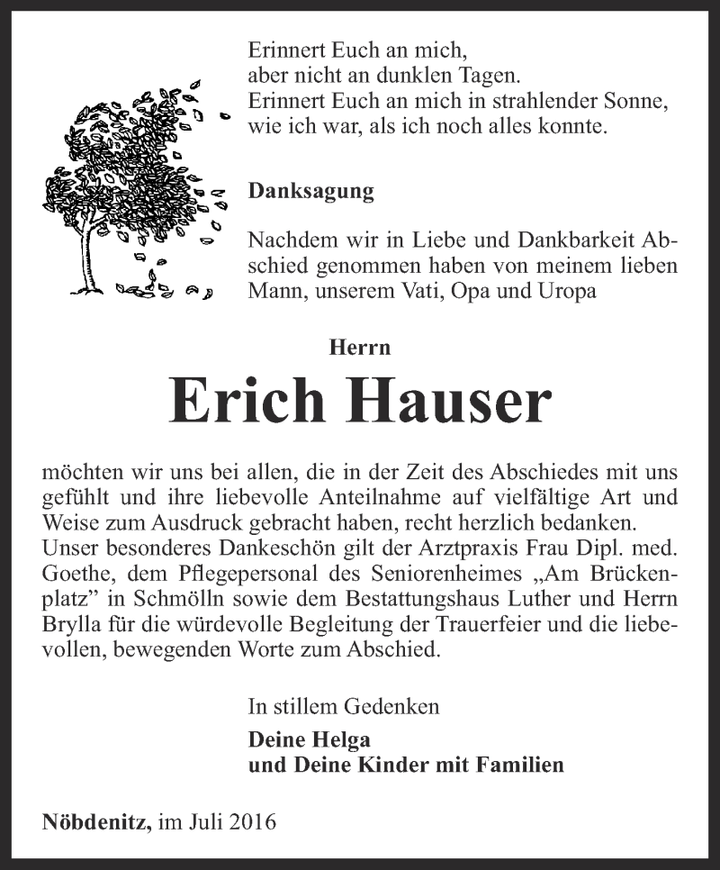  Traueranzeige für Erich Hauser vom 16.07.2016 aus Ostthüringer Zeitung