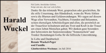 Traueranzeige von Harald Wuckel von Ostthüringer Zeitung, Thüringische Landeszeitung