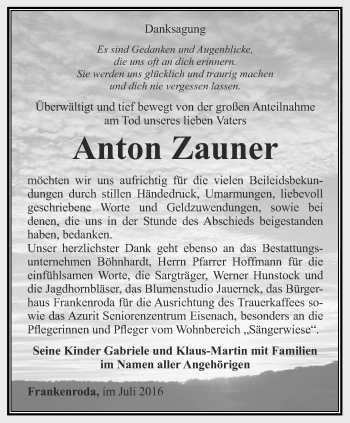 Traueranzeige von Anton Zauner von Thüringer Allgemeine, Thüringische Landeszeitung