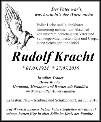 Traueranzeige von Rudolf Kracht von Ostthüringer Zeitung