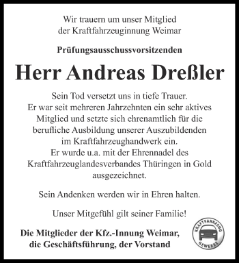 Traueranzeige von Andreas Dreßler von Thüringer Allgemeine, Thüringische Landeszeitung