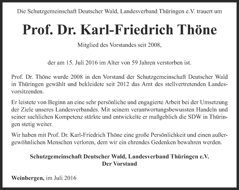  Traueranzeige für Karl-Friedrich Thöne vom 22.07.2016 aus Thüringer Allgemeine, Thüringische Landeszeitung