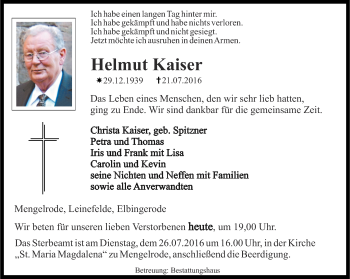 Traueranzeige von Helmut Kaiser von Thüringer Allgemeine