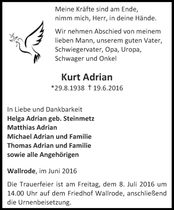 Traueranzeige von Kurt Adrian von Thüringer Allgemeine