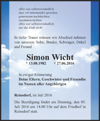 Traueranzeige von Simon Wicht von Thüringer Allgemeine