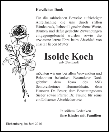 Traueranzeige von Isolde Koch von Ostthüringer Zeitung, Thüringische Landeszeitung