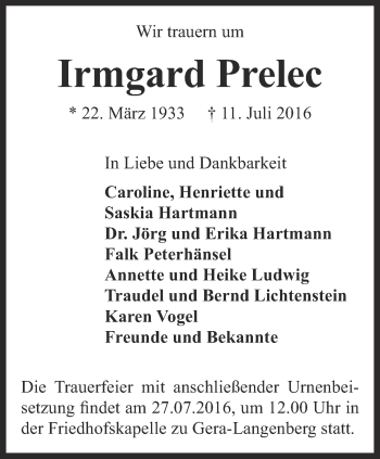 Traueranzeige von Irmgard Prelec von Ostthüringer Zeitung