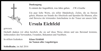 Traueranzeige von Ursula Eichfeld von Ostthüringer Zeitung