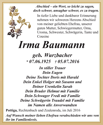 Traueranzeige von Irma Baumann von Ostthüringer Zeitung