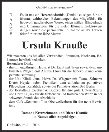 Traueranzeige von Ursula Krauße von Ostthüringer Zeitung