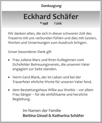 Traueranzeige von Eckhard Schäfer von Thüringer Allgemeine