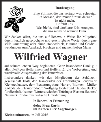 Traueranzeige von Wilfried Wagner von Thüringer Allgemeine