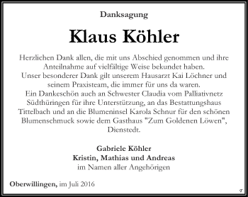 Traueranzeige von Klaus Köhler von Thüringer Allgemeine