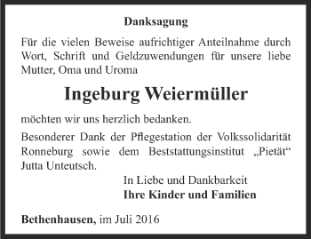 Traueranzeige von Ingeburg Weiermüller von Ostthüringer Zeitung