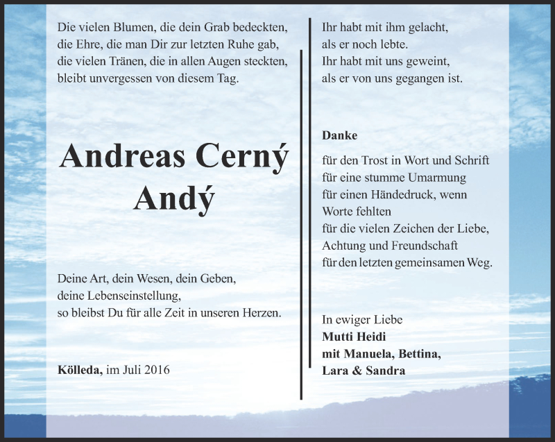  Traueranzeige für Andreas Cerny vom 29.07.2016 aus Thüringer Allgemeine