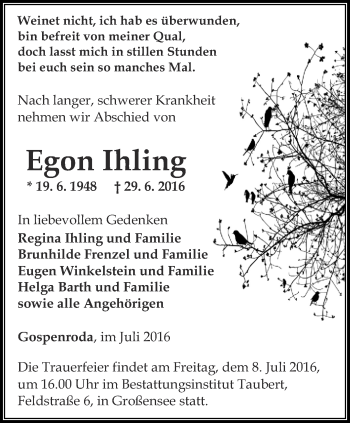 Traueranzeige von Egon Ihling von Thüringer Allgemeine, Thüringische Landeszeitung