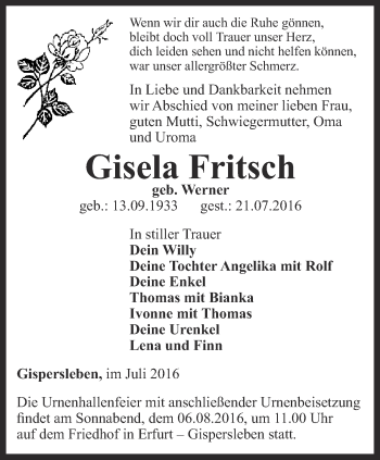 Traueranzeige von Gisela Fritsch