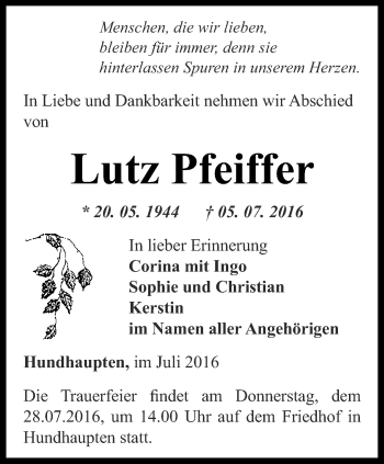 Traueranzeige von Lutz Pfeiffer von Ostthüringer Zeitung