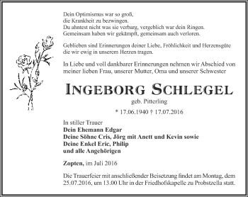 Traueranzeige von Ingeborg Schlegel von Ostthüringer Zeitung