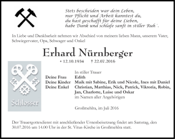 Traueranzeige von Erhard Nürnberger von Thüringer Allgemeine, Thüringische Landeszeitung
