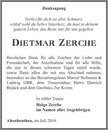 Traueranzeige von Dietmar Zerche von Ostthüringer Zeitung